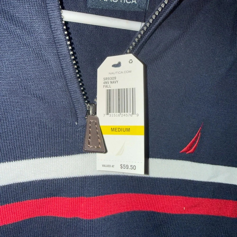 Nautica Navy Quarter-Zip Sweater with Red & White Stripes - Picture 2 of 3